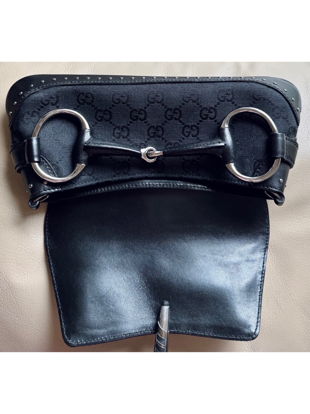 Authentic Gucci Tom Ford Horsebit Black Canvas Studs Leather Chain Clutch, COA - Picture 6 of 15